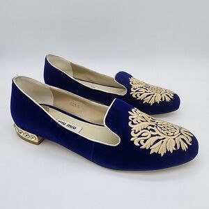 MIU MIU Velvet Blue Embroidered Loafers Italy Crystals Size 39